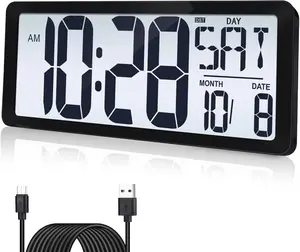 15 Inch Large Rechargeable Digital LCD Wall Clock with Backlight Glow in the Dark,Night Light Wall Clock with Week,Date & Temperature,DST, Display for Living Room, Bedroom,  for