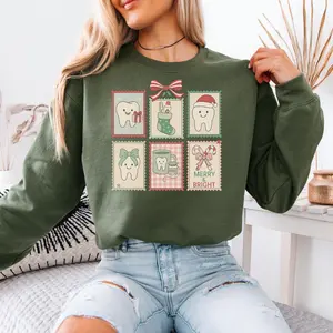 Holiday Dental Sweatshirt, Tooth Stamp Graphic Sweater, Santa Hygienist, Winter Dental Tools Design,  Dentist Gift Idea, Tooth Tee Crewneck Womenswear