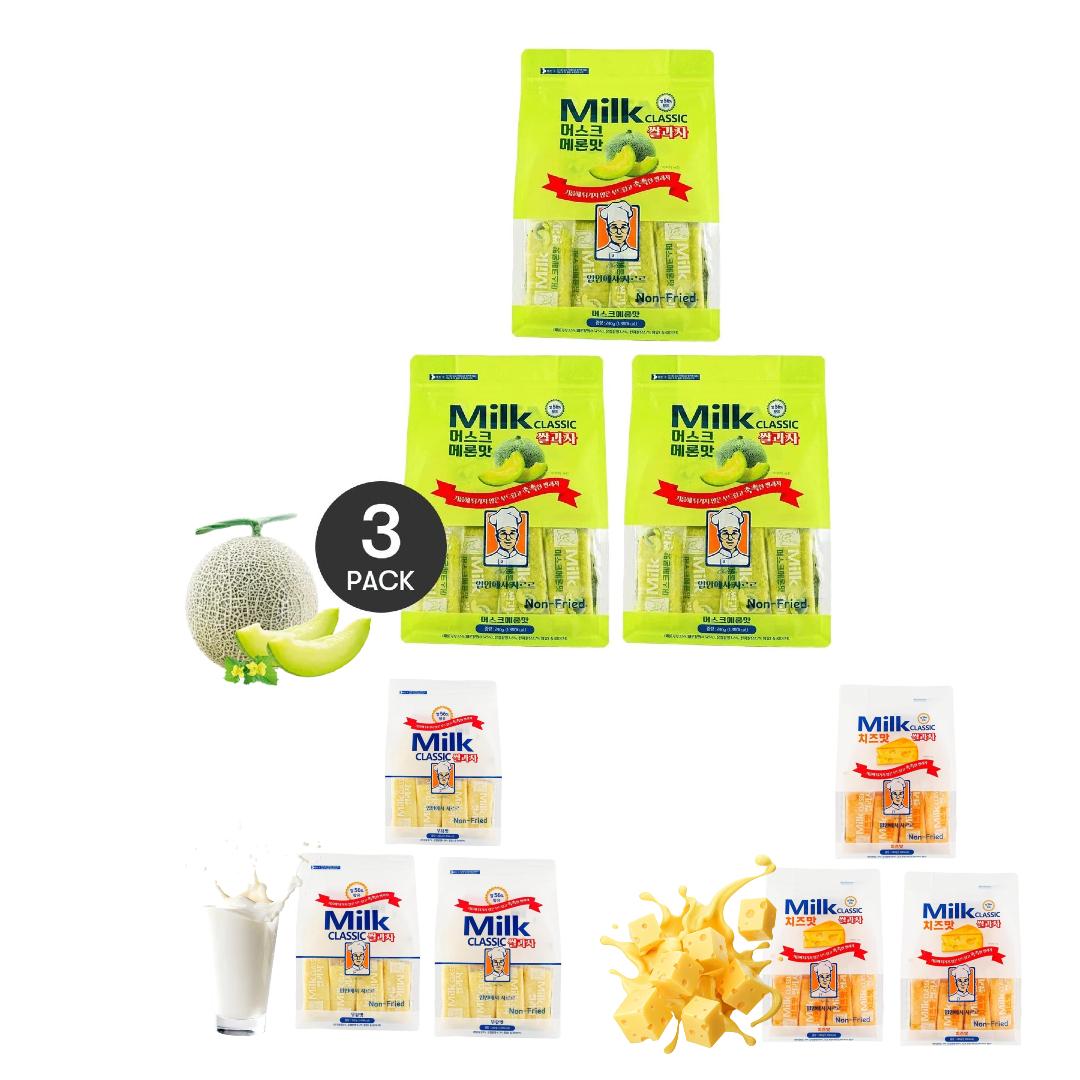 3 Packs New Flavor Korean Milk Classic Melon Rice Crackers 240g/Bag  3 Flavors to Choose- Healthy Non-Fried, Crispy & Airy Korean Snack