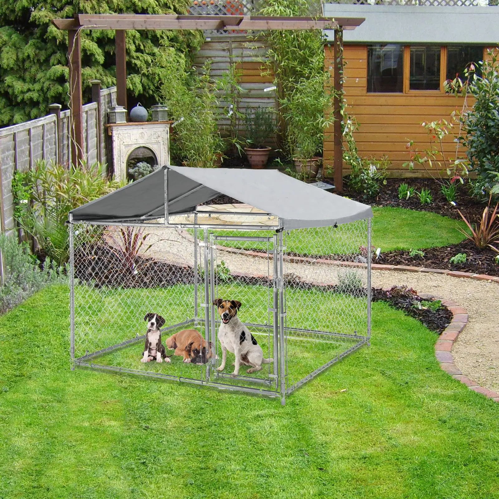 79"*79"*70" Large Metal Dog Kennel, Heavy Duty Outdoor Dog Cage with Roof, Lock, Galvanized Chain Link Crate with Waterproof Cover, for Patio, Yard,