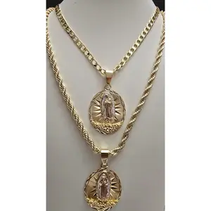 New Style Virgencita Tri Color Pink Silver and Gold Cut Style Oval Pendant with Chain Cadena Virgen De Guadalupe