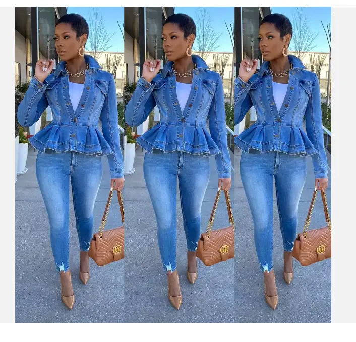 Women Long Sleeve Ruffles Jean Top Denim Jacket LARGE