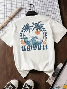 Women’s Hawaii Surf Coastal Graphic Tee, Summer Loose-Fitting Round Neck Short Sleeve, Casual Streetwear Oversized Polyester Top, Spring Break 2026