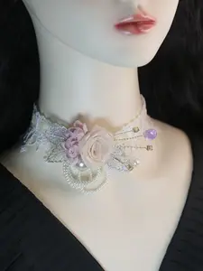 Elegant Floral Lace Necklace, Vintage Rose Pearl Bead Chain, Victorian Style Collar, Women's Wedding Party Dress Accessory