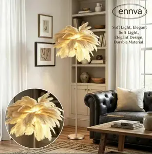 Feather floor lamp, fluffy ostrich feather floor lamp for bedroom, 3-color temperature LED modern corner lamp, suitable for living room Christmas home decoration, housewarming gift, height 63inch (gold) shower lights decor