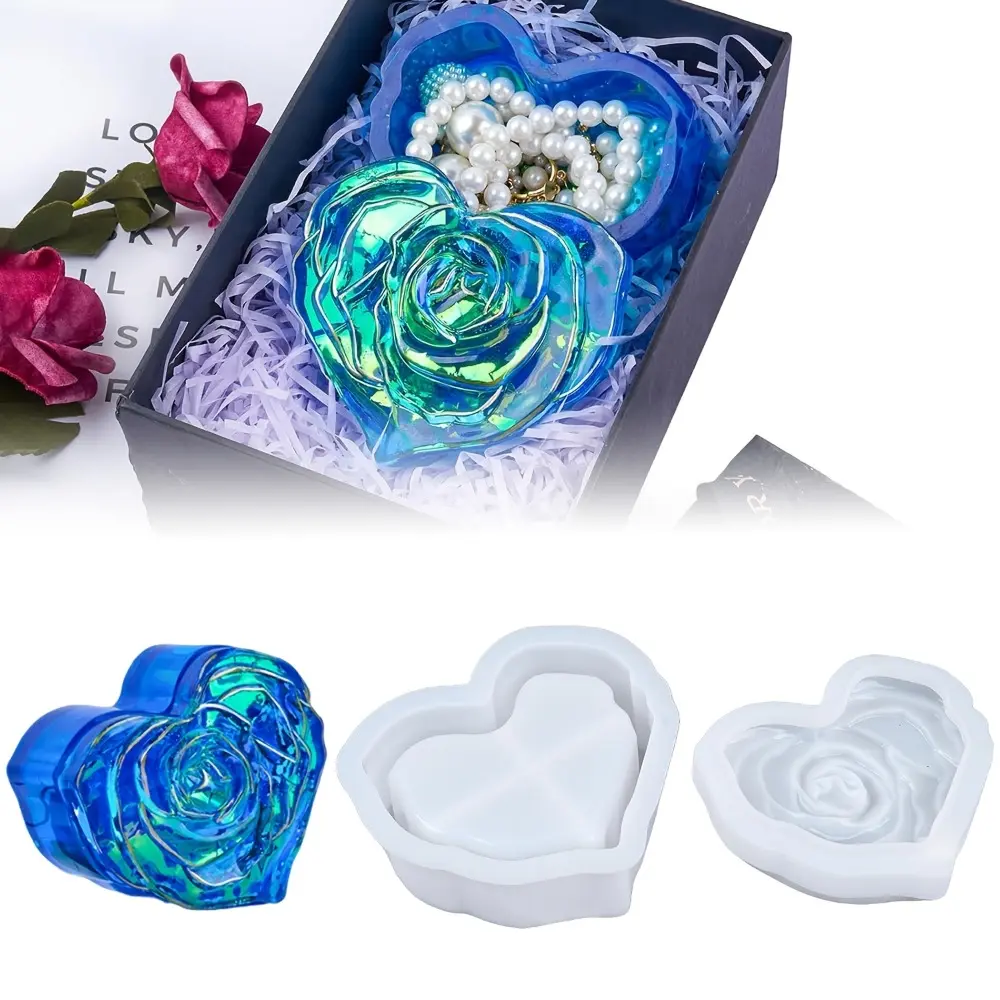 2Pcs Reusable Custom 3D Rose Heart Jar Silicone Molds with Rose Lids - Epoxy Resin Casting Hand Tools for Handmade Crafts, Practical Storage Boxes, Wedding/Anniversary Gifts for Loved Ones