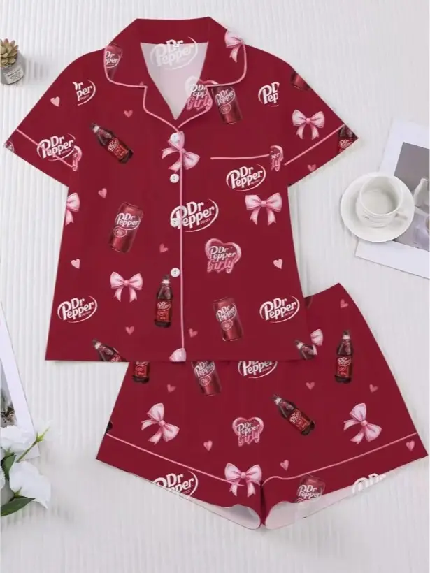 Women’s Soda & Bow Print Pajama Sets, Short Sleeve Button Down Top with Shorts or Long Pants, Cute Lounge Set Multiple Colors