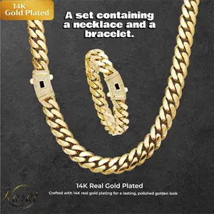 【Set】14K Gold-Plated Cuban Link Necklace & Bracelet Set — A Premier Choice for Hip-Hop Style Jewelry. The Perfect Gift for Men and Women, Suitable for All Occasions and Holidays.