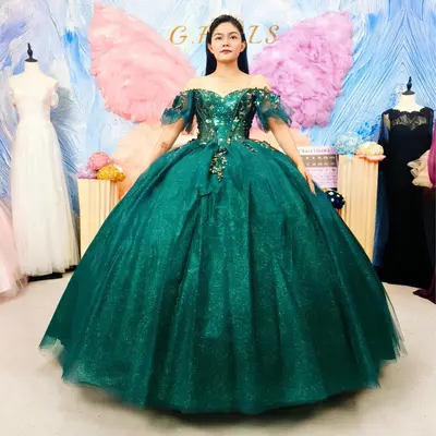 emerald green damas dress Quinceanera and Gold 96% Polyester Size:19.5 - XXXL short emerald green cocktail dress Category:EASTER DRESSES 1950s housewife or waitress