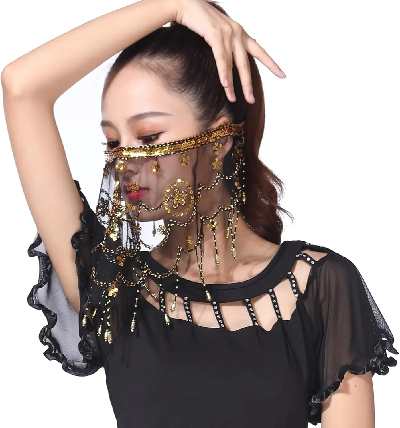 Belly Dance Face Veil Mask For Halloween Accessories with Beads & Sequins, Adjustable Tribal Headscarf For Women's Dance Costume Accessory