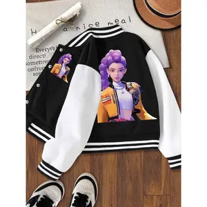 Girls' Short Baseball Jacket Coat, Cartoon Design, Elastic Fabric, Fitted Style, Fall & Winter School Uniform OuterwearGift
