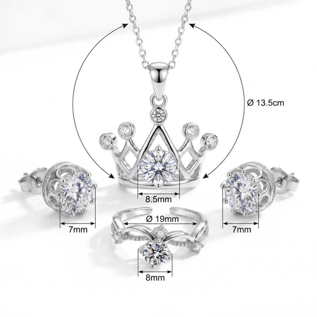 Women's 925 Sterling Silver Crown & Zircon 3-Piece Jewelry Set – Includes Sparkling Pendant Necklace, Adjustable Ring, and Crystal Stud Earrings; A Romantic Birthday or Anniversary Gift – Stylish, Versatile, and Exquisite Accessories for Women