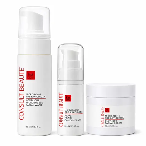Microbiome Trio Set – Facial Wash, Cream & Concentrate, Gentle Cleansing & Balancing, Hydrates & Calms Complexion, Kombucha-Enriched, 3-Piece Set