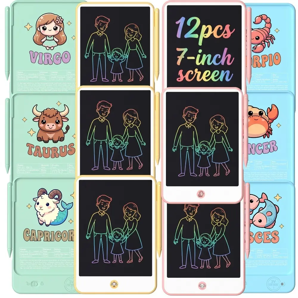 12 different zodiac-themed handwriting tablets, 7-inch screen compact and portable drawing boards, one-click erasable cartoon drawing boards, and handheld notebooks/boards. Perfect as a birthday gift, party gift, or graduation gift.