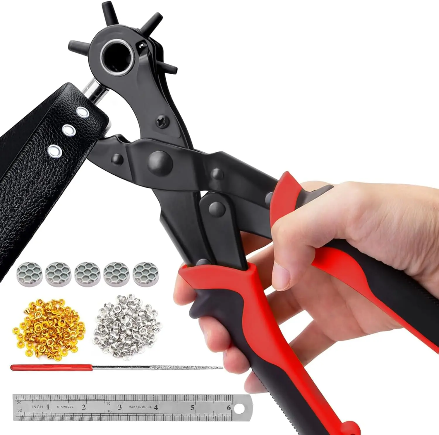 2 in 1 Professional Leather Hole Punch with Grommet kit - Perfect for Belts, Watch Bands, Straps, Dog Collars, Saddles, Shoes, Fabric, DIY Home or Craft Projects