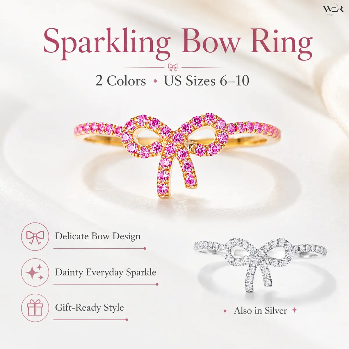 Sparkling Bow Ring Pink Clear Gold Silver Sparkling Elegant Lightweight Comfortable Versatile Feminine Summer Gift for Women Girls Daily Wear Special Occasion Perfect Accessory