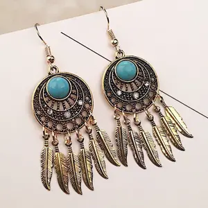E1010 Vintage Ethnic Earrings Dreamcatcher Leaf Tassel Turquoise Drop Earrings Feather Tassel Ear Jewelry