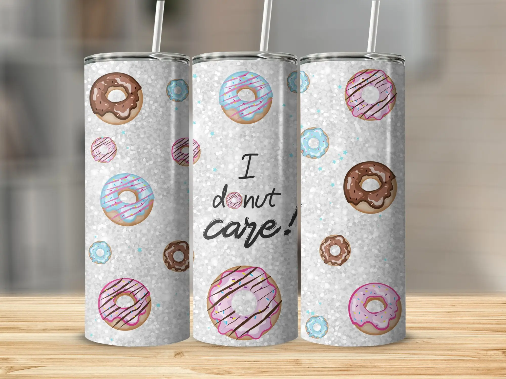 I Donut Care Tumbler – 20oz Glitter Donut Pattern Stainless Cup