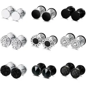 Jstyle 9 Pairs Fake Gauge Earrings for Men Women Stainless Steel Stud Earrings Round Cheater Plug Earrings Faux Gauges Ear Tunnel Daily