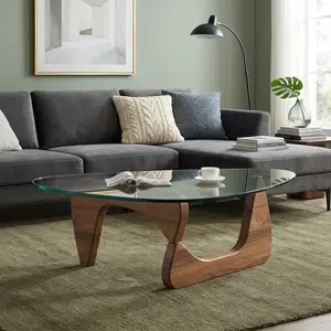Triangular Glass Coffee Table with Wooden Base, Walnut Transparent Wood Black Tea Table, Versatile Abstract Accent Table for Living Room Study Room Office Hotel Balcony, Modern Multi-Scene Comfortable Furniture