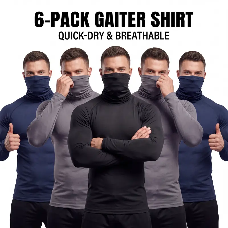Male 6-Pack Athletic Tops - High Mock-Neck, Built-in Mask Shield, Long Sleeve, Tight Fitted, 100% Performance Polyester Breathable Mesh, Quick Dry, Machine Washable for Outdoor Hiking, Construction Workwear
