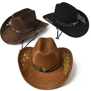 Lightweight Cowboy Hat with Plated Bull Head Metal Belt Embroidered Flower Brim Faux Suede Solid Color Rolled Brim Farmer's Crease for Western Style