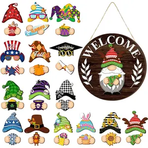 Christmas Gift Interchangeable Gnome Welcome Sign for Door Decorations Wooden Gnome Sign with Magnet Detachable Hats and Hands Cute Gnome Hanging for Winter Holiday Seasonal Christmas Decorations Party Birthday Home Wall Office Living Room Garden