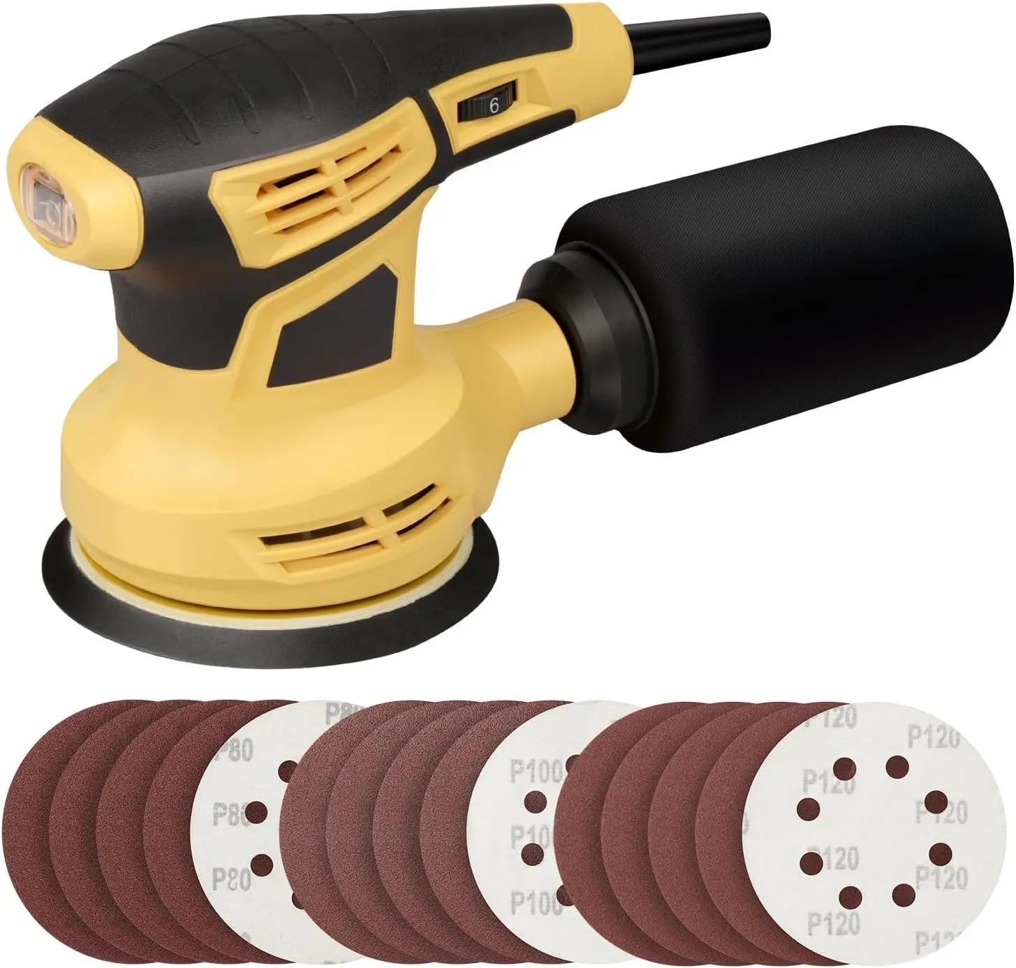 Random Orbital Sander, 2.4Amp 5-Inch Corded Palm Sander, Max 13000 OPM Electric Drywall Sander with 6 Variable Speed, 15 count Sandpapers and Dust Bag for Woodworking Sanding Polishing
