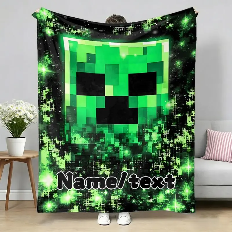 1pc personalized customized name/text green pixel figure pattern portable blanket, suitable for sofa \ bed \ travel \ camping \ living room \ office \ sofa chair and bed-soft warm blanket