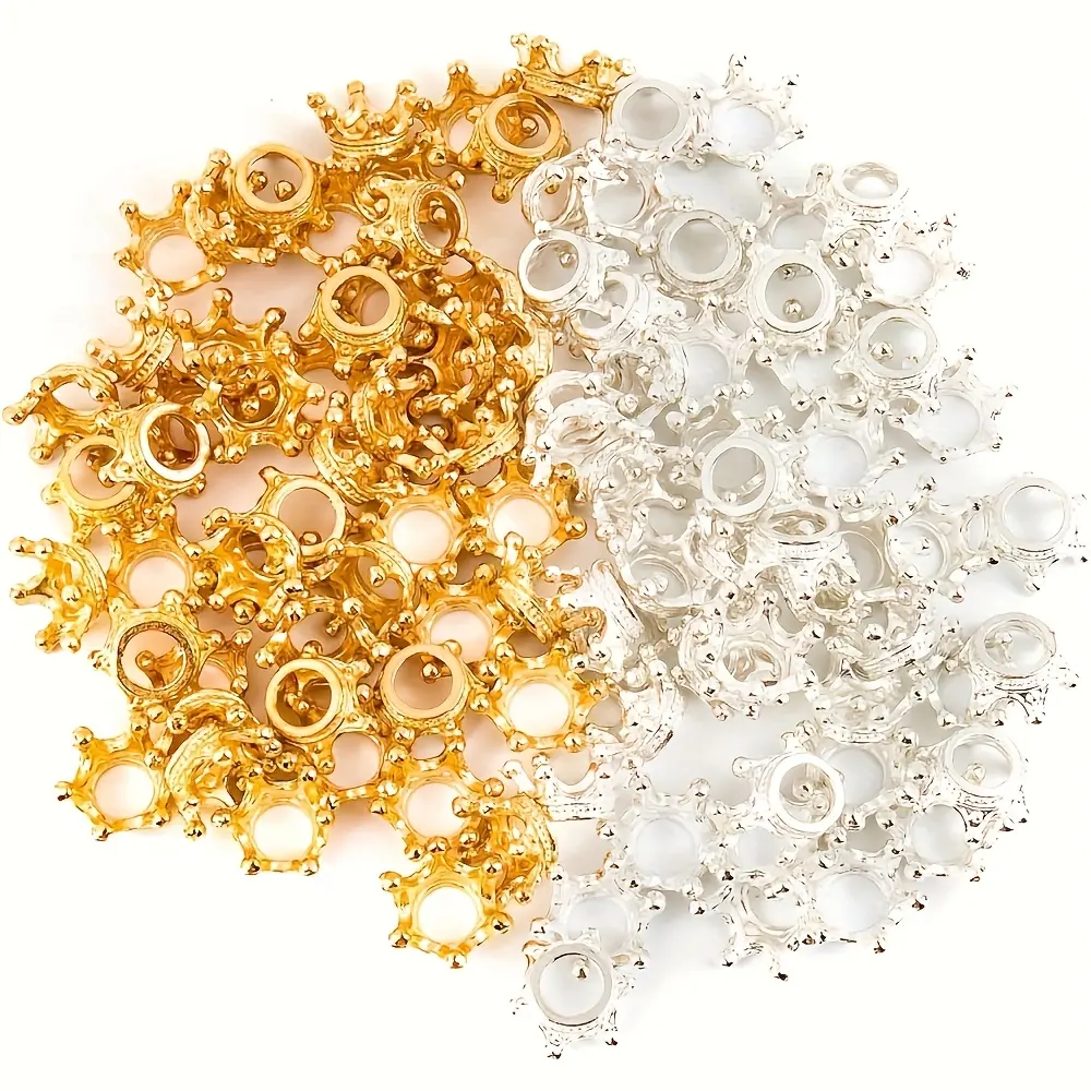 40/50/60 Miniature Three-dimensional Crown Alloy Large-hole Spaced Beads, Suitable for DIY Jewelry Making, Earrings, Bracelets, Necklaces And Other Handicraft Accessories. Both Golden And Silvery Colors Are Available.
