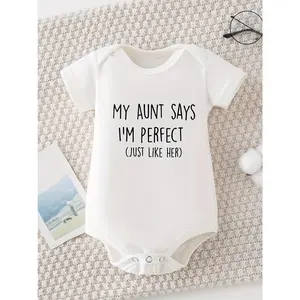 MY AUNT SAYS I'M PERFECT JUST LIKE HER Print Funny Newborn Boys Clothes 100% Cotton Triangle Jumpsuit, Casual Comfortable Short Sleeve Baby Romper, for Outdoor