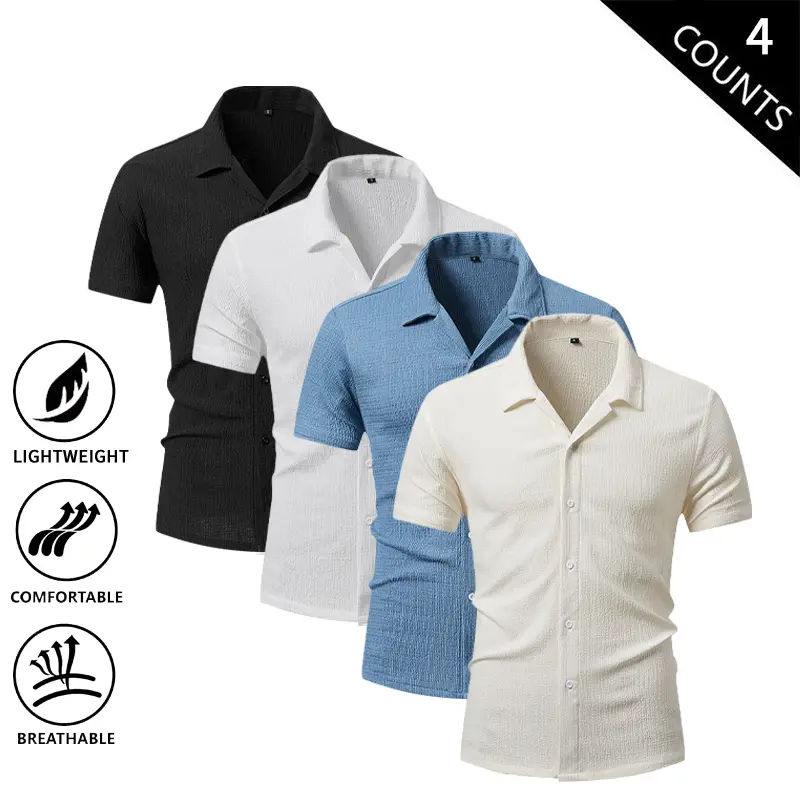 Pack of 4 Men’s Short Sleeve Shirts for Summer – Lightweight, Breathable, Loose Fit, Casual Cuban Collar