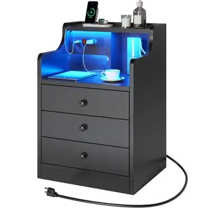 LED Nightstand with 3 Storage Drawers Black