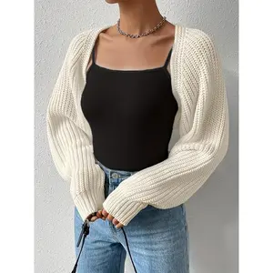 Solid Color Open Front Crop Knitted Cardigan, Casual Long Sleeve Drop Shoulder Cardigan & Fall, Women's Clothing