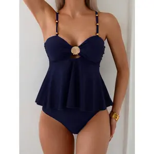 Swim Chiccia Women's 2 Pieces Elegant Vacation Shell Metal Beaded Tankini Swimsuit Set, Beach Outfit