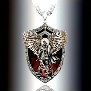 Men's Stainless Steel Necklace With Warrior Guardian Angel Saint Michael Pendant Men's Knight Shield Necklace Jewelry Gift
