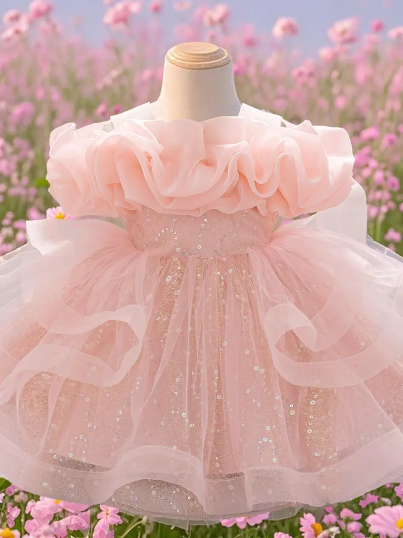 open lace back dress Newborn Baby Girl Birthday Baptism Dress One Shoulder Puff Sleeves Princess Dress 80 (9-12M) / Pink