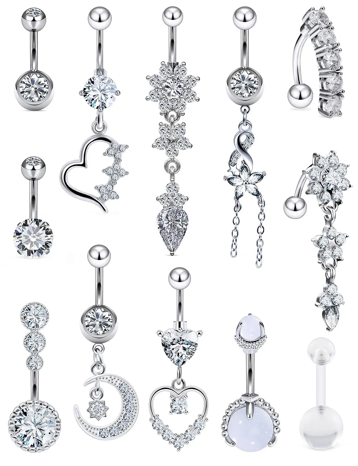 12pcs Dangle Belly Button Ring Piercing Jewelry 316L Stainless Surgical Steel Heart Flower CZ Reverse Navel Rings Dangling Belly Button Ring Piercing Jewelry for Women 14 Gauge Hypoallergenic