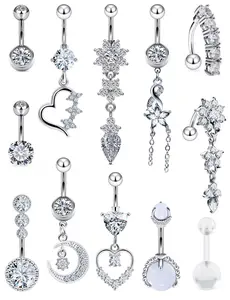 12pcs Dangle Belly Button Ring Piercing Jewelry 316L Stainless Surgical Steel Heart Flower CZ Reverse Navel Rings Dangling Belly Button Ring Piercing Jewelry for Women 14 Gauge Hypoallergenic