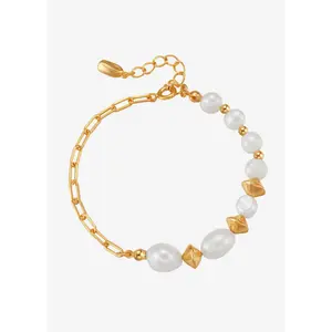 Ina Malibu Pearl Lagoon Bracelet - 18K Gold Vermeil & Baroque Freshwater Pearls - 3D Disk Beads - 6.3" Length with Extension - Layered or Solo Wear
