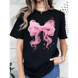 Women's Casual Short Sleeve T-Shirt: Cotton Black-Pink Bow-Heart Geometric Print, Loose Elastic Machine-Washable, Must-Have for SS, Perfect with Jeans