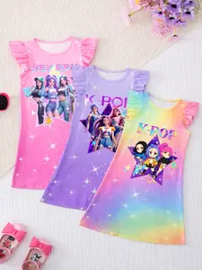 Spring Summer Girls' Sleeveless Casual Dress Set, Creative Cartoon Pattern, Comfortable Soft Fabric, Perfect for Daily Wear