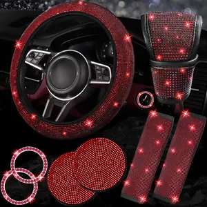 8 pcs Red Bling Car Accessories Set for Women, Steering Wheel Cover, Sparkly Seat Belt Covers, Bling Gear Shift Cover, Universal Fit Most Cars (Red Diamond)