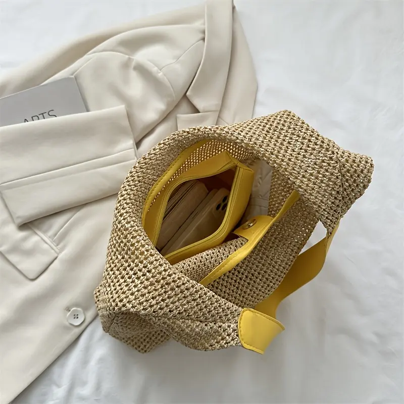 Women's 2-Piece Woven Straw Tote Bag Set - Casual Chic High-Capacity Shoulder Bags with Zipper, Adjustable Strap, Nylon Accents for Summer Holiday Travel, Elegant, Minimalist