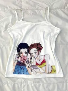 Women's Sleeveless Short Fitted Tank Top, Cute Cartoon Girls Makeup Mirror Print with Playful Touch, Y2K Graphic Casual Top for Streetwear & Summer Outings, Womenswear