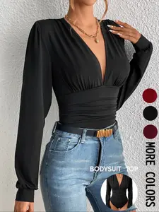 Petite Women's Fall Chic Aesthetic Solid Color Knit Tight-fitting Bodysuit Top, Fashionable Slim Fit Bodysuit, Layered & Casual Wear, Ladies Long Sleeve Tee