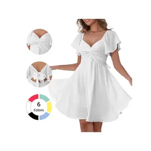 Women's Summer Dresses Sweetheart Neckline Knot Front Flowy Mini Dress, Chiffon Flutter Sleeve Tie-Back A-Line Cocktail Dress, Soft Not Sheer Wedding Guest Dresses for Bridal Shower Party Casual Wear tiktokshopspringglowup