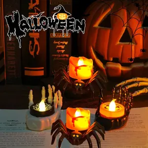 Halloween Skull Hand Candle Holder Set, Spider LED Night Light, Party Prop Decorations, Desktop Ornament, 4 Pieces