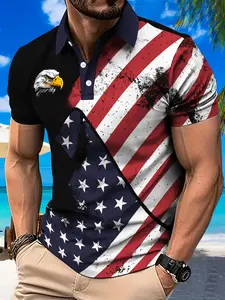 Men's Casual American Flag Print Polo Shirt - Short Sleeve, Button-Up Collar, Summer Outdoor Wear, Machine Washable, Top