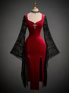 Women's Halloween New Sweetheart Lace Flare Sleeve Velvet High Slit Sexy Dress, Winter Fashion, Party Wear, Elegant and Stylish, Elegant Evening Gown